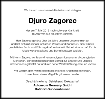 Traueranzeige von Djuro Zagorec von Echo-Zeitungen (Gesamtausgabe)
