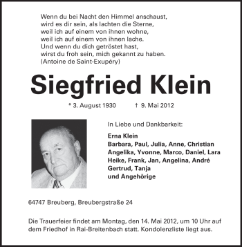 Traueranzeige von Sigfried Klein von Odenwälder Echo
