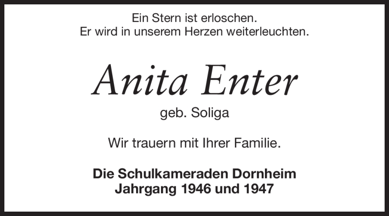  Traueranzeige für Anita Enter vom 12.05.2012 aus Rüsselsheimer Echo, Groß-Gerauer-Echo, Ried Echo