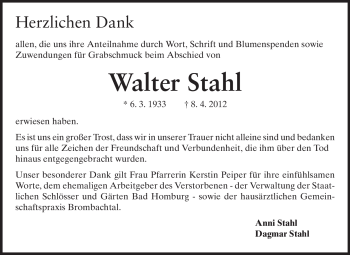 Traueranzeige von Walter Stahl von Odenwälder Echo
