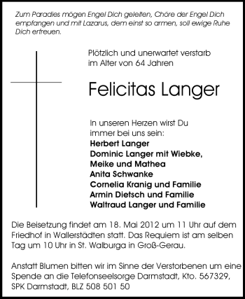 Traueranzeige von Felicitas Langer von Echo-Zeitungen (Gesamtausgabe)