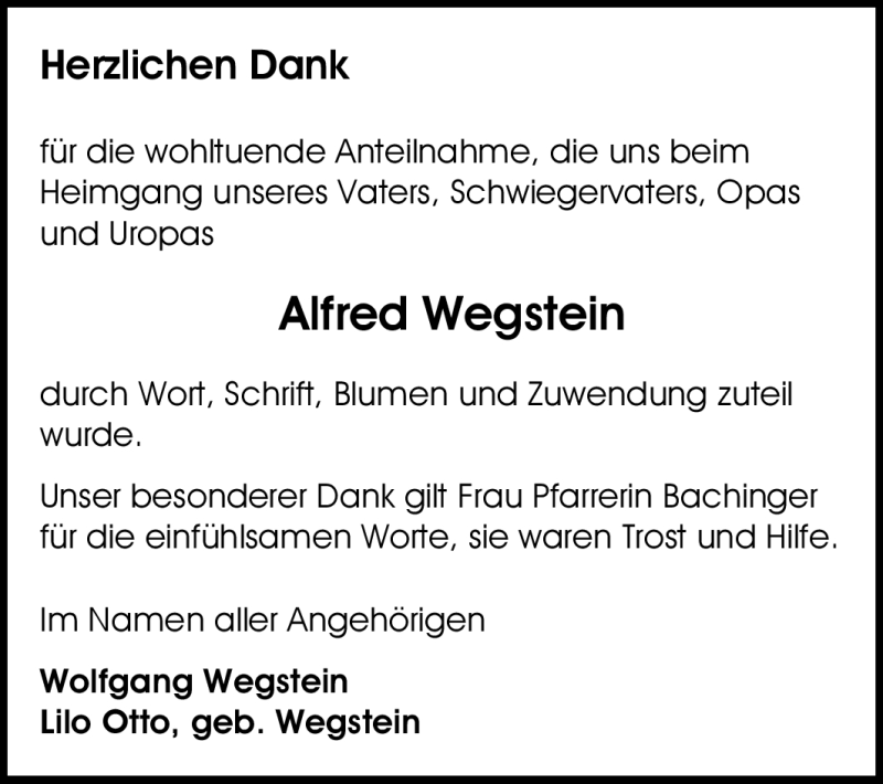  Traueranzeige für Alfred Wegstein vom 12.05.2012 aus Echo-Zeitungen (Gesamtausgabe)