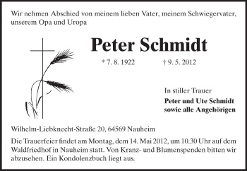 Traueranzeige von Peter Schmidt von Rüsselsheimer Echo, Groß-Gerauer-Echo, Ried Echo