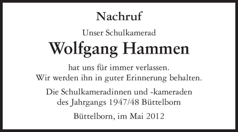  Traueranzeige für Wolfgang Hammen vom 12.05.2012 aus Rüsselsheimer Echo, Groß-Gerauer-Echo, Ried Echo