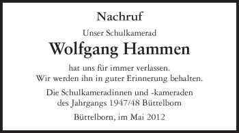 Traueranzeige von Wolfgang Hammen von Rüsselsheimer Echo, Groß-Gerauer-Echo, Ried Echo