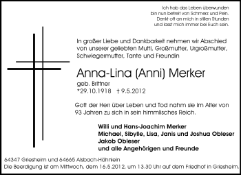 Traueranzeige von Anna-Lina Merker von Echo-Zeitungen (Gesamtausgabe)