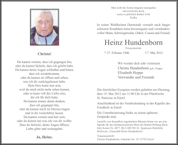 Traueranzeige von Heinz Hundenborn von Echo-Zeitungen (Gesamtausgabe)