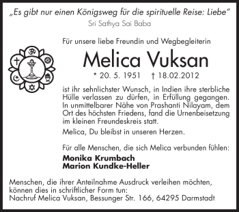 Traueranzeige von Melica Vuksan von Echo-Zeitungen (Gesamtausgabe)