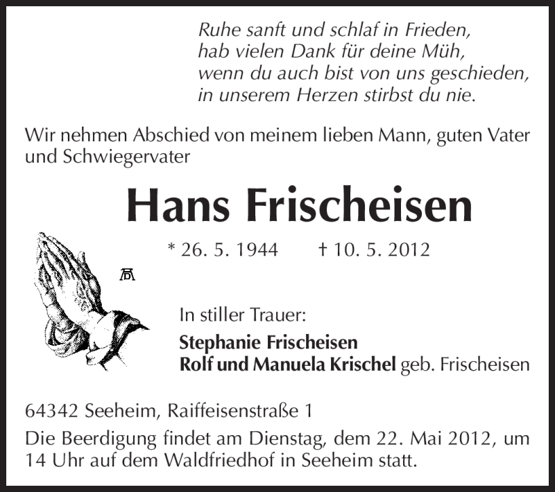  Traueranzeige für Hans Frischeisen vom 14.05.2012 aus Echo-Zeitungen (Gesamtausgabe)