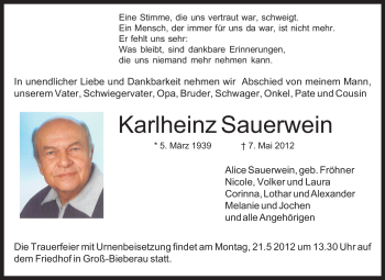 Traueranzeige von Karlheinz Sauerwein von Echo-Zeitungen (Gesamtausgabe)