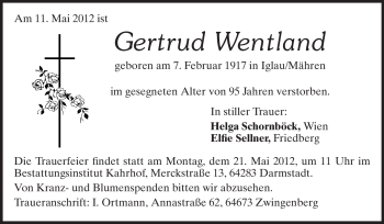 Traueranzeige von Gertrud Wentland von Darmstädter Echo, Odenwälder Echo, Rüsselsheimer Echo, Groß-Gerauer-Echo, Ried Echo