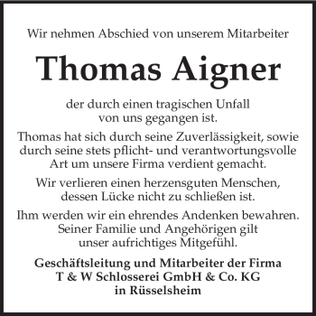Traueranzeige von Thomas Aigner von Rüsselsheimer Echo, Groß-Gerauer-Echo, Ried Echo