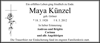 Traueranzeige von Maya Künzel von Odenwälder Echo