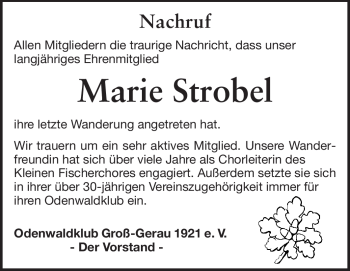 Traueranzeige von Marie Strobel von Rüsselsheimer Echo, Groß-Gerauer-Echo, Ried Echo