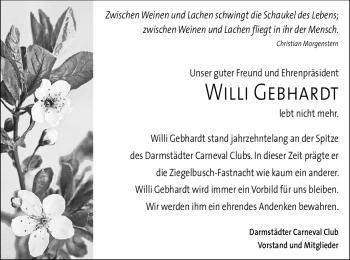 Traueranzeige von Willi Gebhardt von Echo-Zeitungen (Gesamtausgabe)