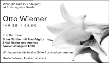 Traueranzeige von Otto Wiemer von Echo-Zeitungen (Gesamtausgabe)