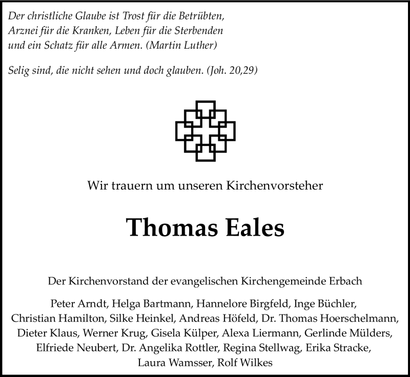  Traueranzeige für Thomas Eales vom 16.05.2012 aus Odenwälder Echo