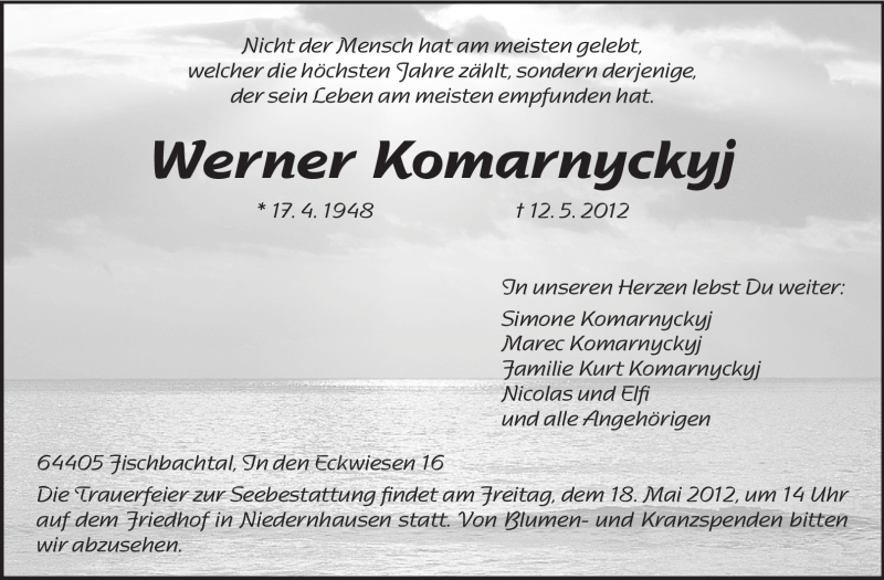  Traueranzeige für Werner Kormarnyckyj vom 16.05.2012 aus Echo-Zeitungen (Gesamtausgabe)