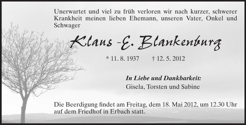 Traueranzeige für Klaus-E. Blankenburg vom 16.05.2012 aus Odenwälder Echo