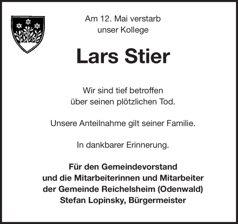  Traueranzeige für Lars Stier vom 26.05.2012 aus Odenwälder Echo