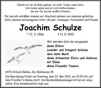 Traueranzeige von Joachim Schulze von Odenwälder Echo