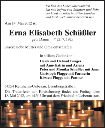 Traueranzeige von Erna Elisabeth Schüßler von Echo-Zeitungen (Gesamtausgabe)