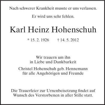 Traueranzeige von Karl Heinz Hohenschuh von Echo-Zeitungen (Gesamtausgabe)