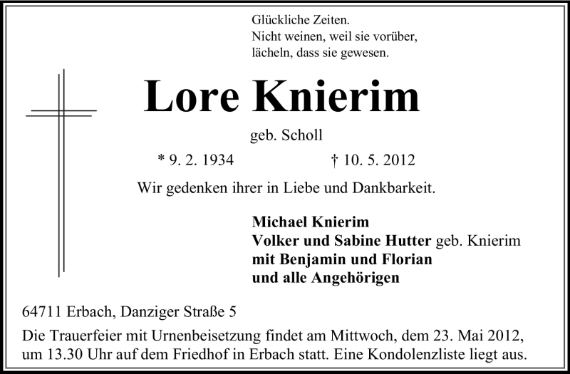  Traueranzeige für Lore Knierim vom 18.05.2012 aus Odenwälder Echo