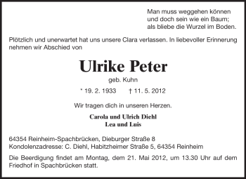 Traueranzeige von Ulrike Peter von Echo-Zeitungen (Gesamtausgabe)