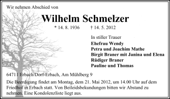 Traueranzeige von Wilhelm Schmelzer von Odenwälder Echo