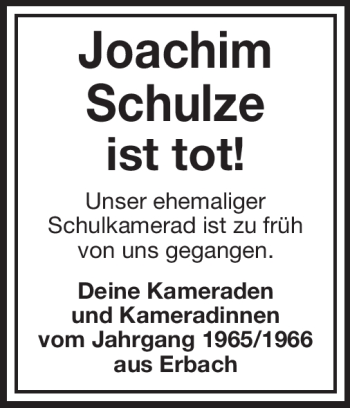 Traueranzeige von Joachim Schulze von Odenwälder Echo