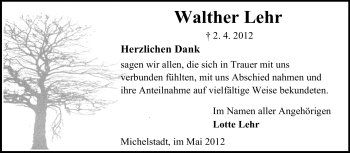 Traueranzeige von Walther Lehr von Odenwälder Echo