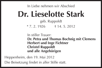 Traueranzeige von Lieselotte Stark von Starkenburger Echo