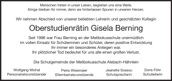 Traueranzeige von Gisela Berning von Echo-Zeitungen (Gesamtausgabe)