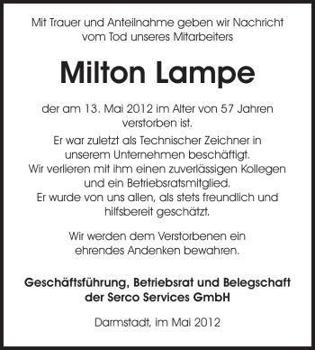 Traueranzeige von Milton Lampe von Echo-Zeitungen (Gesamtausgabe)