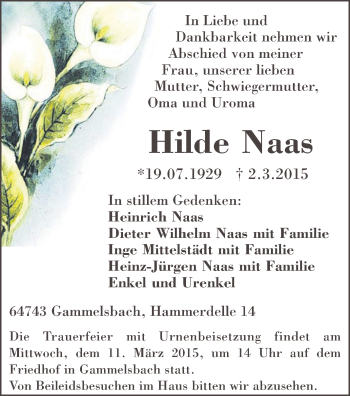 Traueranzeige von Hilde Naas von Odenwälder Echo