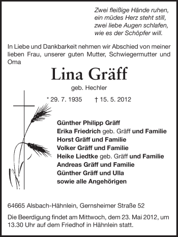 Traueranzeige von Lina Gräf von Echo-Zeitungen (Gesamtausgabe)