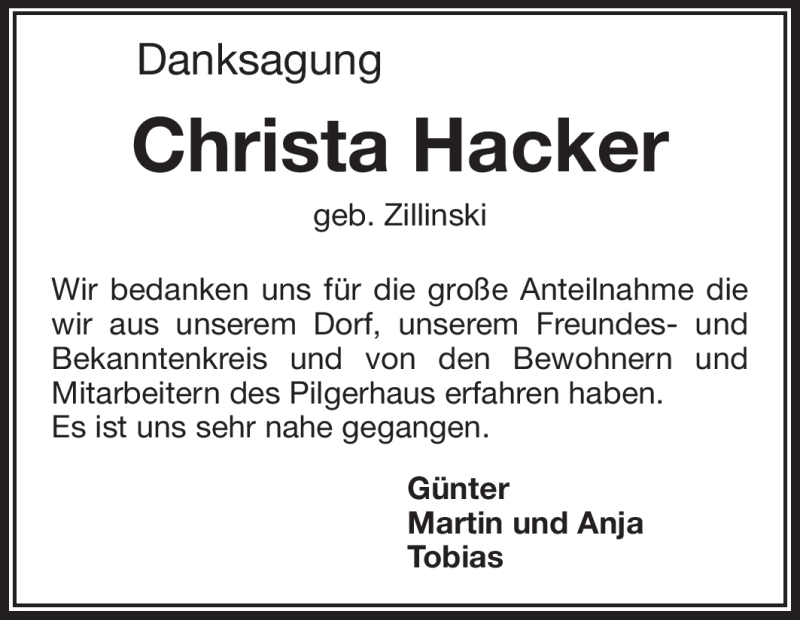  Traueranzeige für Christa Hacker vom 19.05.2012 aus Starkenburger Echo