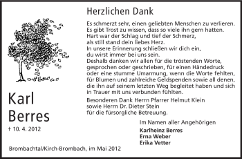 Traueranzeige von Karl Berres von Odenwälder Echo