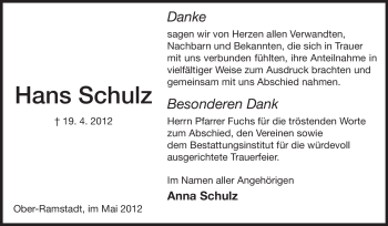 Traueranzeige von Hans Schulz von Echo-Zeitungen (Gesamtausgabe)