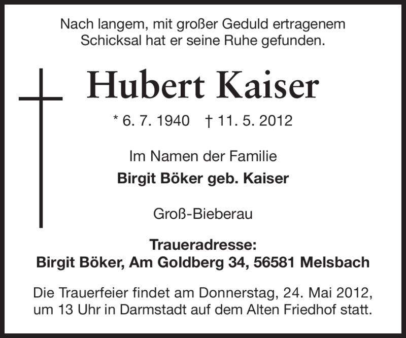  Traueranzeige für Hubert Kaiser vom 19.05.2012 aus Echo-Zeitungen (Gesamtausgabe)
