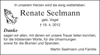 Traueranzeige von Renate Seelmann von Rüsselsheimer Echo, Groß-Gerauer-Echo, Ried Echo