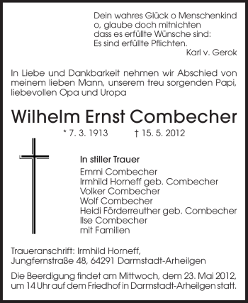 Traueranzeige von Wilhelm Ernst Combecher von Echo-Zeitungen (Gesamtausgabe)