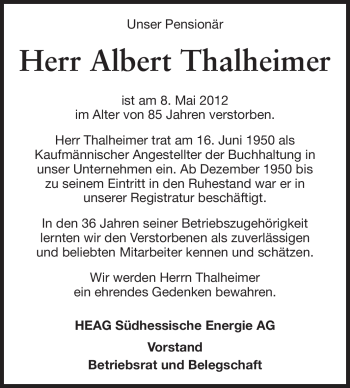 Traueranzeige von Albert Thalheimer von Echo-Zeitungen (Gesamtausgabe)