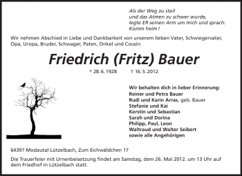 Traueranzeige von Friedrich Bauer von Echo-Zeitungen (Gesamtausgabe)