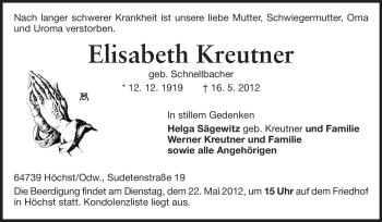 Traueranzeige von Elisabeth Kreutner von Odenwälder Echo