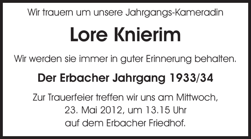  Traueranzeige für Lore Knierim vom 21.05.2012 aus Odenwälder Echo