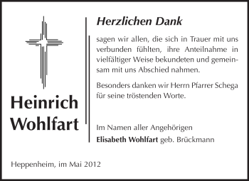 Traueranzeige von Heinrich Wohlfart von Starkenburger Echo, Bergsträßer Anzeiger
