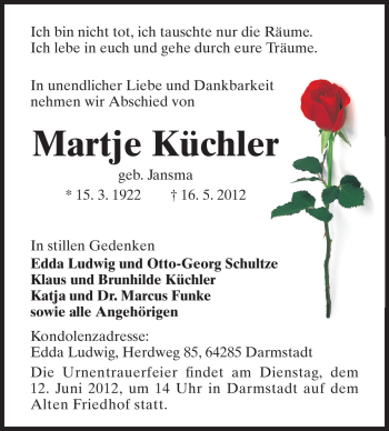 Traueranzeige von Martje Küchler von Darmstädter Echo, Odenwälder Echo, Rüsselsheimer Echo, Groß-Gerauer-Echo, Ried Echo