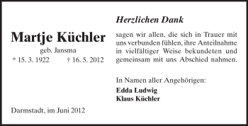 Traueranzeige von Martje Küchler von Darmstädter Echo, Odenwälder Echo, Rüsselsheimer Echo, Groß-Gerauer-Echo, Ried Echo